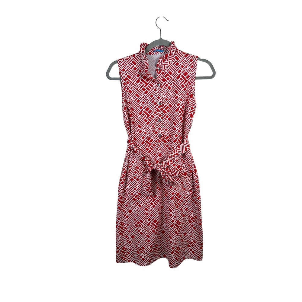 J.McLaughlin Shirt Dress Womens S Red White Geometric Ruffle Catalina Excellent